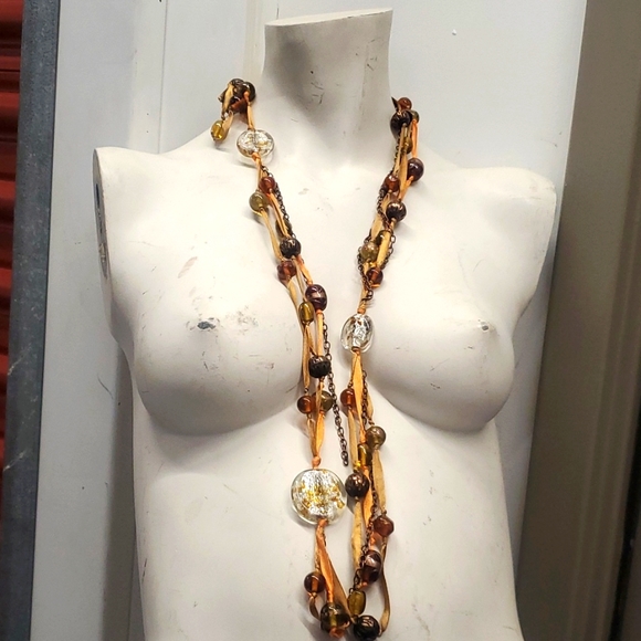 BOHO Amber brown Murano glass & Beaded  Necklace mukti strand ITALY BOHEMIAN - Picture 2 of 6